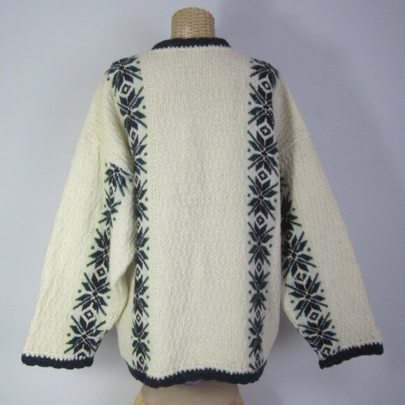Yarina Ecuador Unisex L Ivory Navy Wool Cardigan Sweater Snowflake 50" Coat - Picture 7 of 12